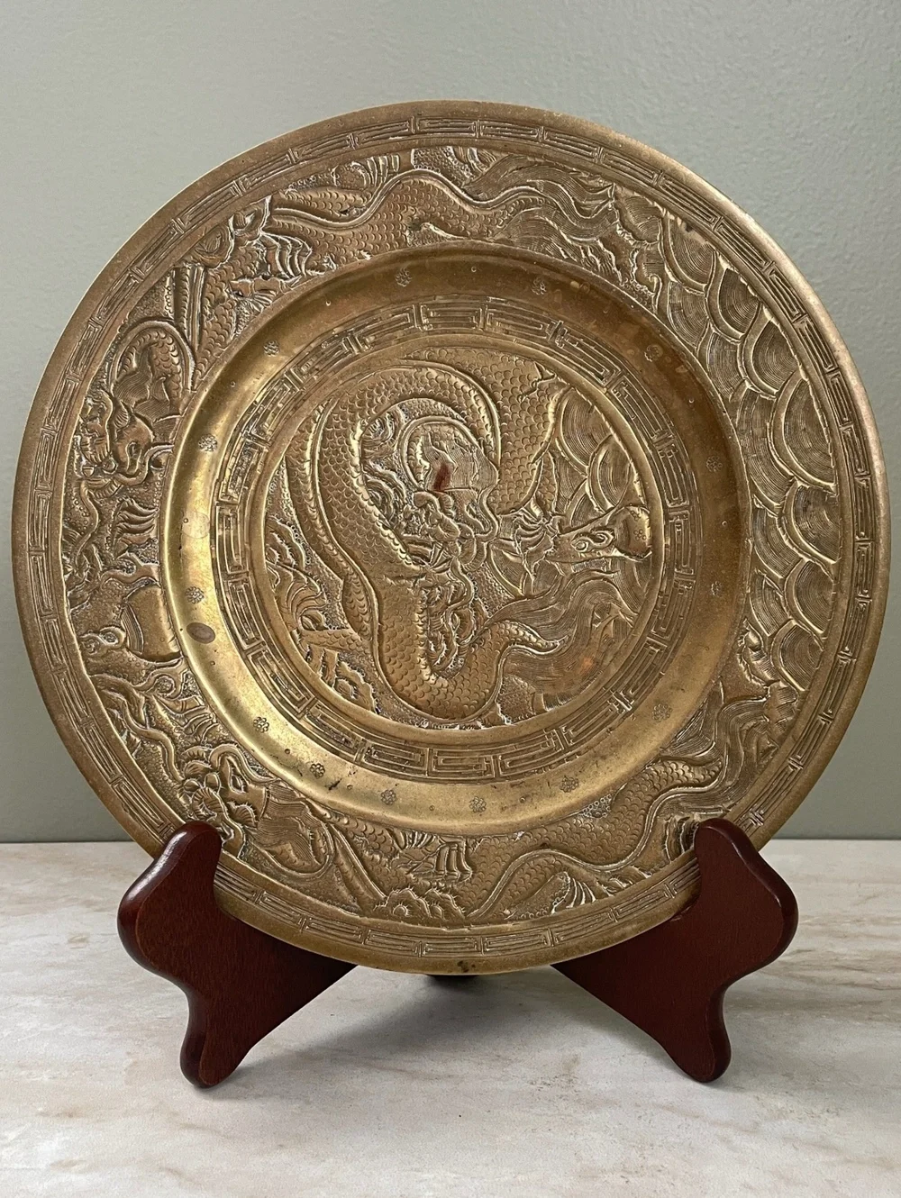 Vintage Heavy Solid Brass Dragon Decorative Wall Plate 10